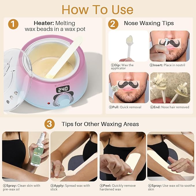 BLITZWAX 1.3lb Hard Wax Bead Kit for Men and Women Hair Removal, Cream Scent Wax Beans for Nose, Sensitive Skin, Brazilian, Body, Face, Waxing Pearls Bulk with 50pcs Sticks for Beginners and Home Use