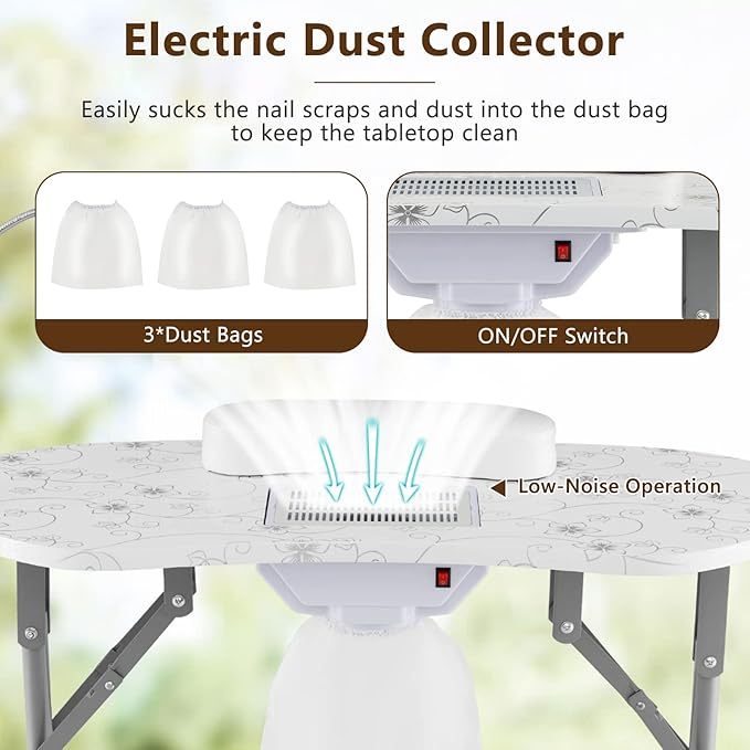 S AFSTAR Portable Nail Table, 35" Foldable Manicure Table with Electric Dust Collector, Bendable LED Lamp, Carry Bag & 4 Lockable Wheels, Professional Nail Desk Nails Salon Station (White)