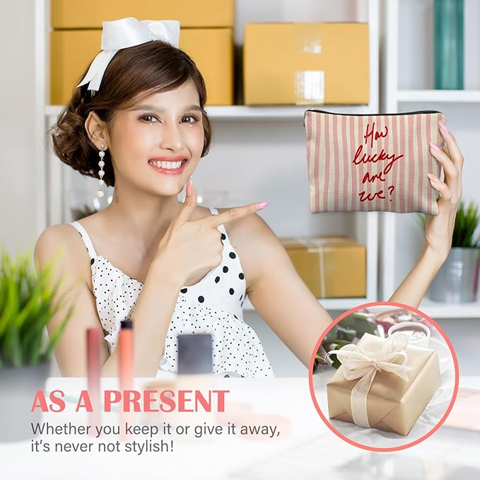Retro Red Pink Striped Makeup Bag for Women, Positive Gifts for Women, How Lucky Are We Trendy Aesthetic Cosmetic Bag for Purse, Preppy Girly Makeup Zipper Pouch