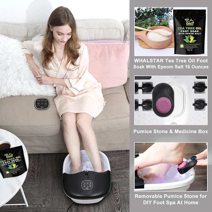 Collapsible Foot Spa Bath Massager with Heat Bubbles and Vibration Massage and Jets, 16oz Tea Tree Oil Foot Soak Epsom Salt, WHALSTAR Foot Bath Bucket With Red Light & Remote