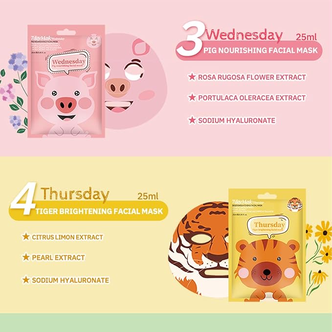 Kids Face Mask Spa, Animal Face Masks for Kids Teens Women Skincare, Animal Character Sheet Facial Mask for All Skin Types, Girls Night Party Skin Care Set, Birthday Christmas Gifts（7PCS）