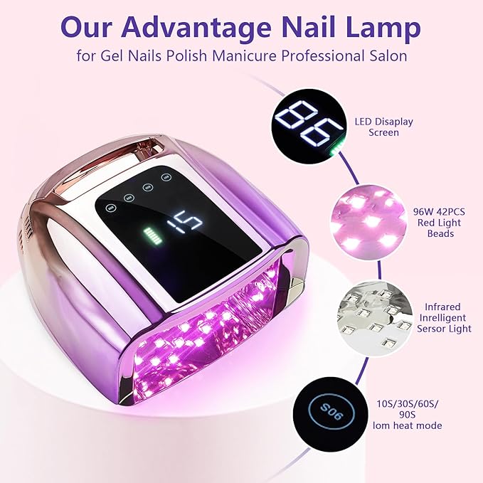 Professional Rechargeable UV LED 96W Portable UV Light for Nail Lamp Machine with Removable Stainless Steel Bottom,4 Timer Setting and Smart Sensor Nail Dryer (Purple)