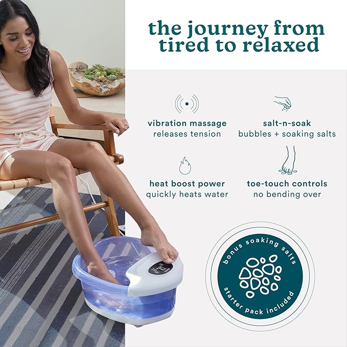 Homedics Salt-N-Soak Footbath with Heat Boost and Soaking Salt Starter Kit, 4 Soothing Massage Rollers, Toe-Touch Controls, Splash Guard, Bubble, Vibration Massage, Bath Salt Dispenser, LED Display