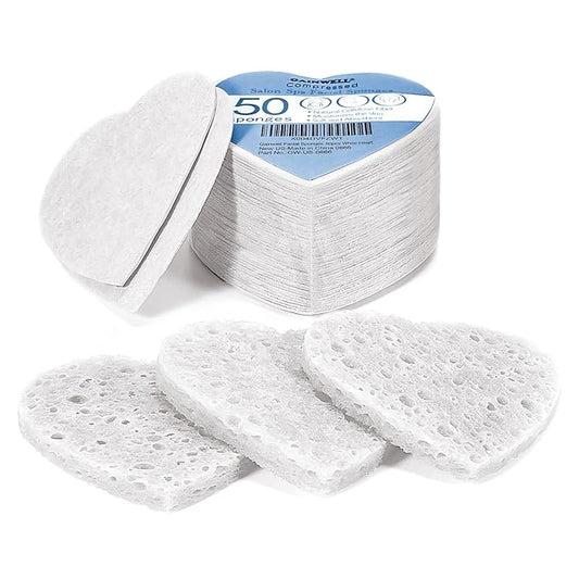 GAINWELL 50-Count Heart Shape Compressed Facial Sponges for Daily Facial Cleansing and Exfoliating, 100％ Natural Cosmetic Spa Sponges for Makeup Remover, White