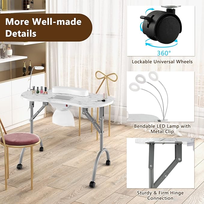 S AFSTAR Portable Nail Table, 35" Foldable Manicure Table with Electric Dust Collector, Bendable LED Lamp, Carry Bag & 4 Lockable Wheels, Professional Nail Desk Nails Salon Station (White)