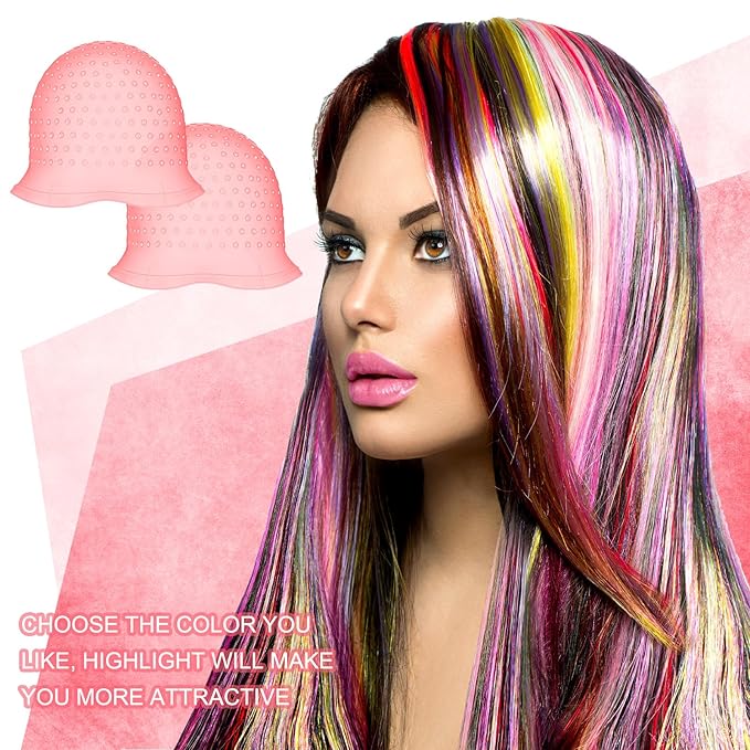 Jexine 2 Pcs Hair Coloring Highlighting Cap Reusable Silicone Highlight Cap with Holes and Hook for Hair Coloring, Frosting, Hairdressing & Highlighting, Salon Tools Kit(Pink)