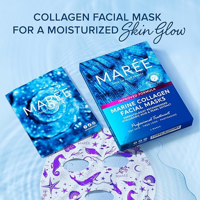 MAREE Collagen Facial Mask with Hyaluronic Acid — Sheet Face Mask Skincare — Centella Asiatica, Green & Red Algae Extract — Hydrating Facemask For Women Skin Care — Mascarillas Para La Cara — 6 Count
