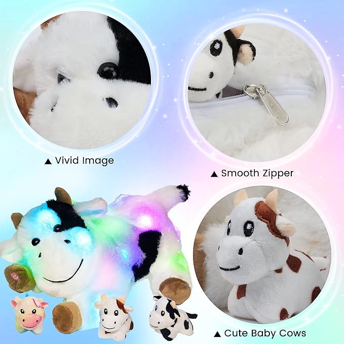 Hopearl LED Plush Cow Lighting Up Stuffed Mommy With 3 Baby Dairy Cows in Her Tummy - Floppy Animal Playset Night Lights Glow in The Dark for Mom Toddlers, 15''