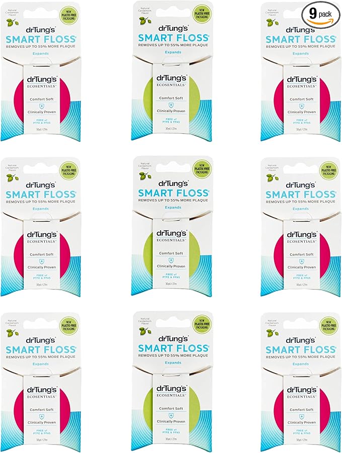 DrTung's Smart Floss - Natural Floss, PTFE & PFAS Free Floss, Gentle on Gums, Expands & Stretches, BPA Free - Natural Dental Floss Cardamom Flavor (Pack of 9)