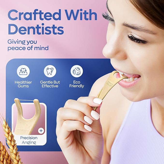 SmartLifeco Eco-Friendly Angled Dental Floss Picks (200ct) - Flossers Made with Straw Wheat Blend, Anti-Shred Thread for Molars & Back Teeth, Tooth Pick Stick for Adults, Soft on Gums, Unflavored