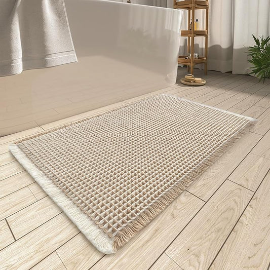 AMOAMI Upgraded Waffle Bath Mat, Super Absorbent Non Slip Bath Mats for Bathroom Floor, Machine Washable Bathroom Rugs with Tassels, Rubber Backed Bathroom Mats, Ultra Soft, 20" x 32",Brown & Cream