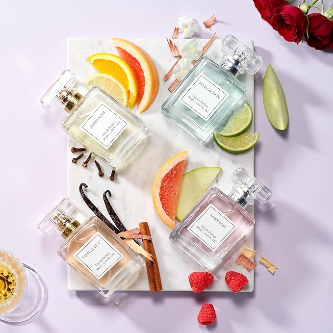 LOVERY Christmas Gifts for Women, Perfume for Women, Women's Perfume Gift Set - 4pc Sampler With Vanilla Musk, Amber Noir, Blue Lagoon & Mary Rose Fragrances - Large Bottle of Floral Parfum