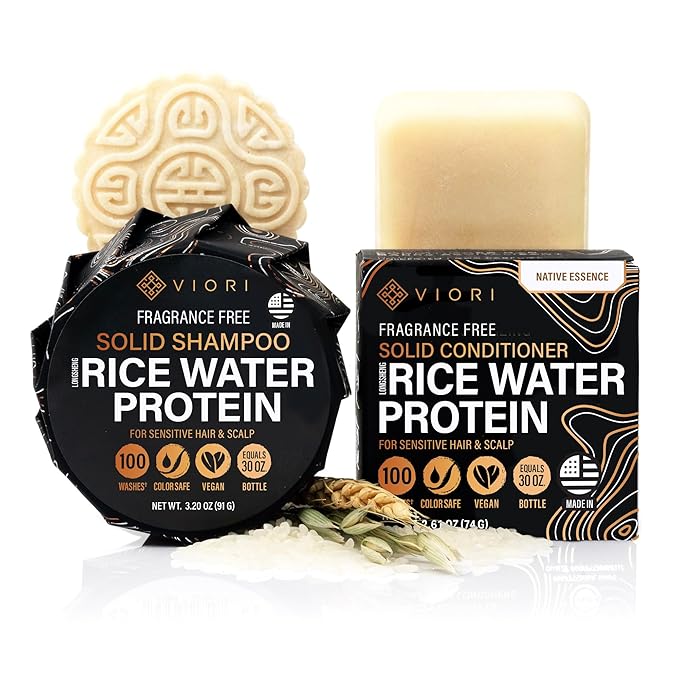 Viori Native Essence Shampoo and Conditioner Bar Set Made with Rice Water - Handcrafted Sulfate Free Shampoo and Conditioner