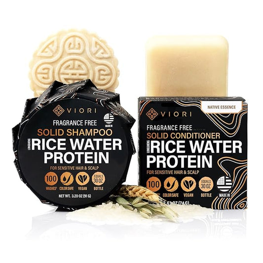 Viori Native Essence Shampoo and Conditioner Bar Set Made with Rice Water - Handcrafted Sulfate Free Shampoo and Conditioner