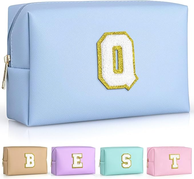 TOPEAST Initial Makeup Bag for Travel, Chenille Letter Pouch Cosmetic Bag, PU Leather Waterproof Toiletry Bag, Personalized Gifts for Bride Bridesmaids, Cute Things for Girls (Sky Blue Q)