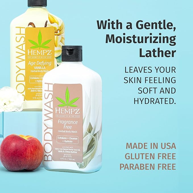 Hempz Body Wash - Fragrance Free - Hydrating for Sensitive Skin, Scented, Exfoliating with Shea Butter, Pure Hemp Seed Oil, and Algae for Sensitive Skin - 17 fl oz
