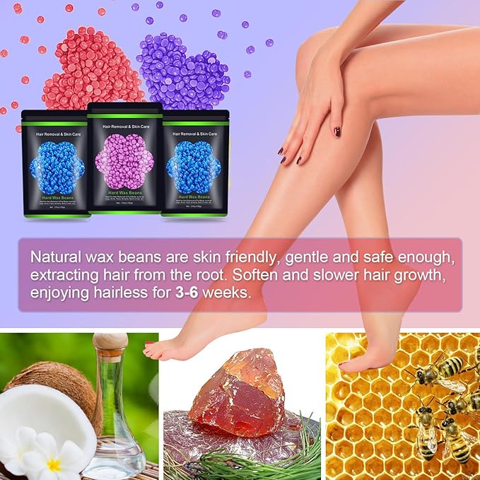 Wax Beads for Hair Removal 10.5oz (300g), Auperwel Hard Wax Beads Beans for Sensitive Skin Brazilian Waxing, Face, Bikini, Eyebrow, Legs, Painless for Women Men, 3 packs Kit with 10 Sticks