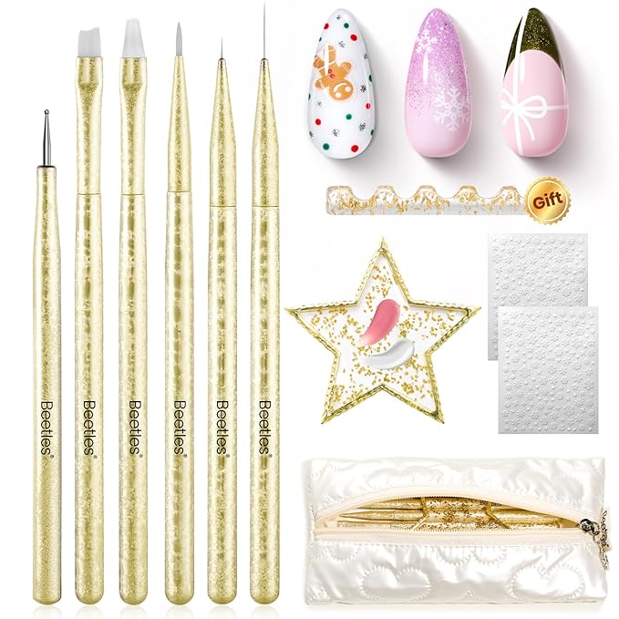 Beetles Christmas Nail Art Brushes 6pcs – Golden Gleam Nail Art Tools Liner Brushes for Nails Dotting Tool Gradient/French/Petal Manicure Design Pen with Star Palette Holder Nails Stickers Pouch Bag