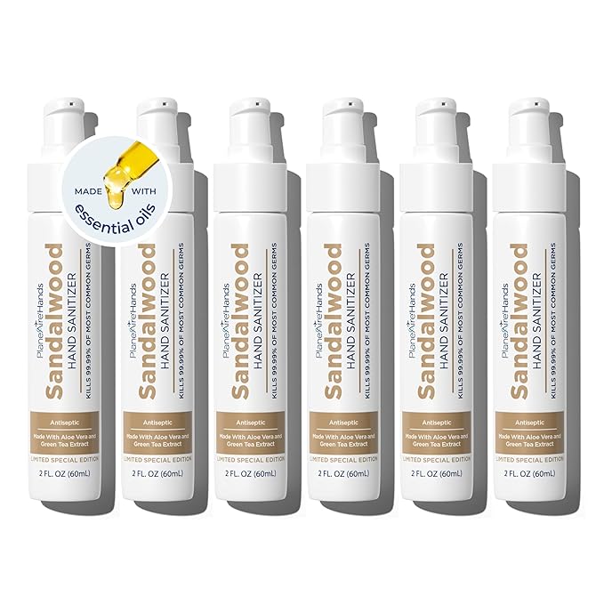PlaneAire Sandalwood Lotion Hand Sanitizer | Travel Essential | TSA-Approved | Moisturizing Hand Lotion | Plant-Based and Vegan | Made with Essential Oils | Travel Size | 6-Pack