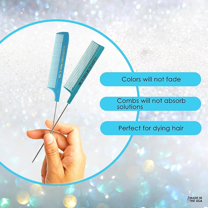 Allegro XL Pintail Rat Tail & Parting Combs - Metal Tail Foiling & Pin Combs (2 Pc. BLUE & AQUA)