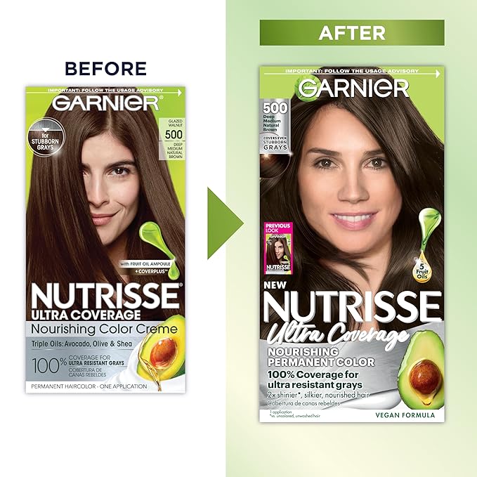 Garnier Hair Color Nutrisse Ultra Coverage Nourishing Creme, 500 Deep Medium Natural Brown (Glazed Walnut) Permanent Hair Dye, 1 Count (Packaging May Vary)