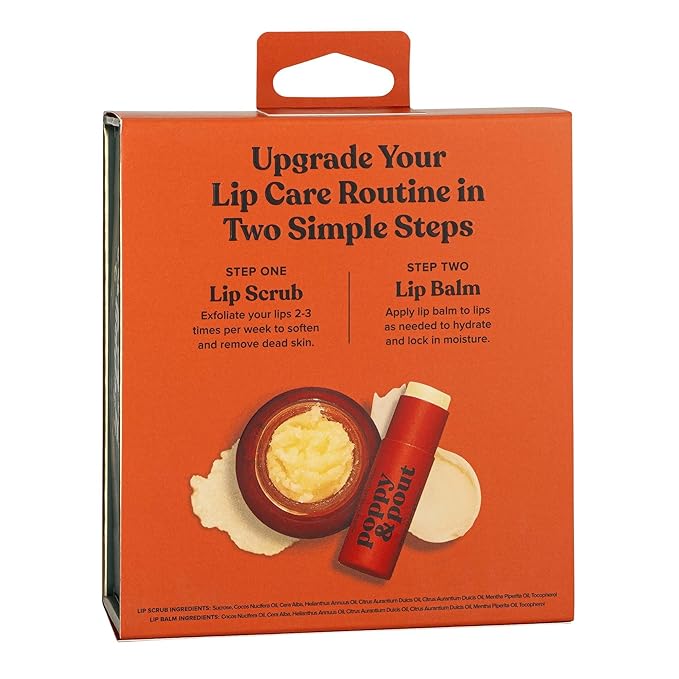 Poppy & Pout Lip Care Set | Lip Balm & Scrub | Sustainable Cardboard Tubes & Glass Jars, All Natural, Beeswax, Coconut Oil, Cruelty Free, Exfoliating & Moisturizing Lip Treatment (Blood Orange Mint)