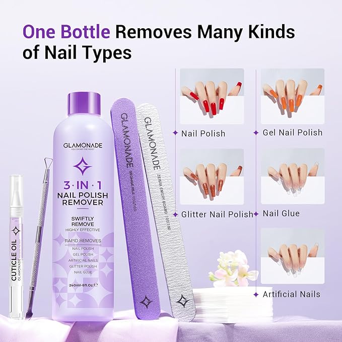 Acetone Nail Polish Remover Kit: Soak off Gel Polish Remover Includes Nail Cuticle Oil, Nail File, Cuticle Peeler, Nail Buffer Block & 50 PCS Cotton Pads(8 Fl.Oz.)