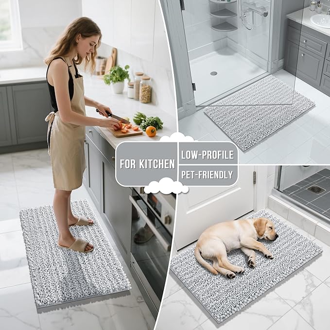 Yimobra Bathroom Rugs Non Slip Washable - Ultra Soft Absorbent Chenille Bath Mat, Quick Dry Shaggy Floor Carpet for Tub Shower, Silver Home Decor Accessories, 24x17 Inch