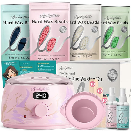 LANSLEYWAX Digital Waxing Kit for Women Men - Water Pink Waxing Machine with 39 Accessories - Hard Wax Kit for Arm Leg Brazilian Bikini Face Sensitive Skin, Wax Warmer Hair Removal for Home/Salon Use