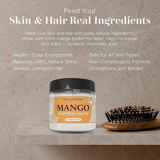 era of nature Mango Whipped Body Cream for Women 8oz - Lightweight Whipped Lotion with Pure Mango - Non-Greasy Body Butter Cream Lotion & Balm Moisturizer for Face, Hair & Dry Skin, Vegan Skincare