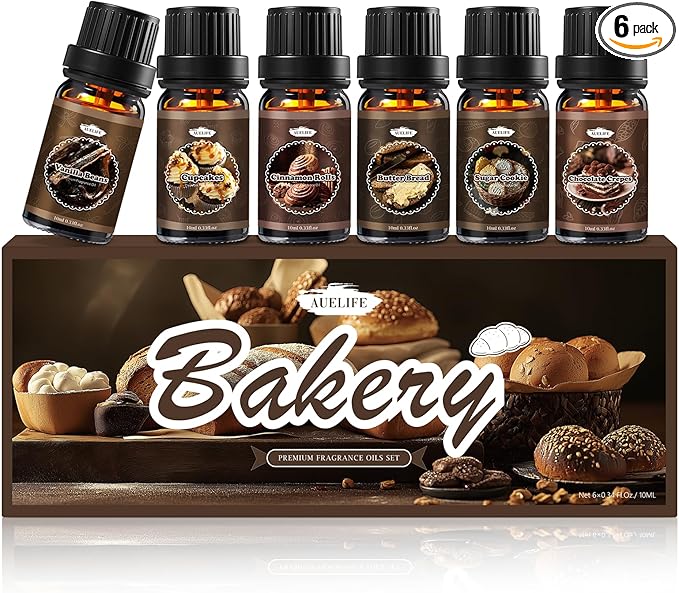 Bakery Essential Oils Set, Fragrance Oil for Diffusers for Father's Day, Candle Making, Aromatherapy Scented Oil Gift for Men - Vanilla Bean, Cookies, Chocolate Crepes, Cupcakes, Cinnamon Rolls, Bread