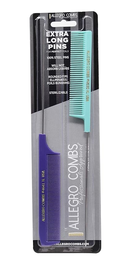 Allegro XL Pintail Rat Tail & Parting Combs - Metal Tail Foiling & Pin Combs (2 Pc., Purple & Mint)