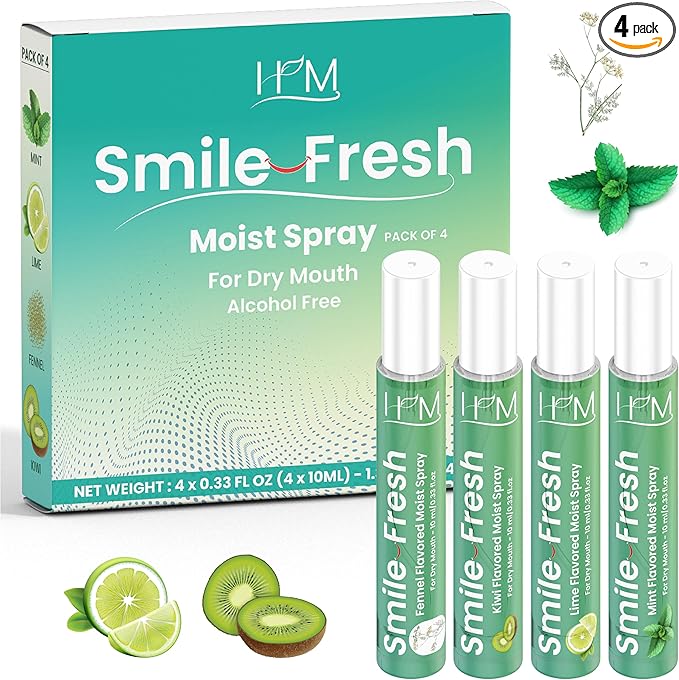 HM - Dry Mouth Flavoured Spray Xylitol - Alcohol Free | Instantly Hydrate & Moisturize | pH Balanced | Promotes Saliva Production & Soothes, Bad Breath | Pack of 4 x 0.33 oz [1.35 Oz]
