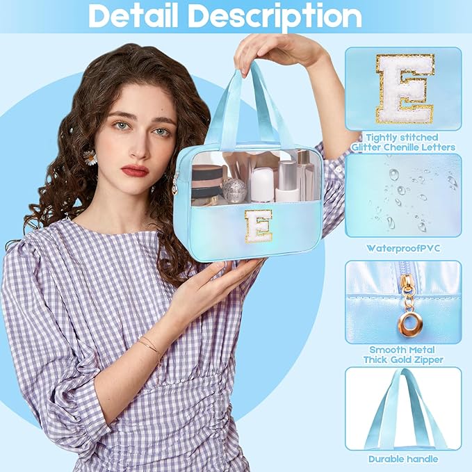 Personalized Initial E Clear Blue Makeup Bag - Large Travel Toiletry Bag, Cute Cosmetic Organizer Set for Girlfriend, Teacher, Teen Girl Gifts