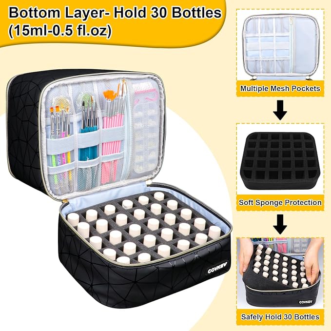 PU Leather Nail Polish Organizer Bag Holds Nail Lamp& 30 Bottles (15ml-0.5 fl.oz), Portable Travel Nail Kit Storage Carrying Case, Double Layer Nail Supplies Organizer Handbag (Elegant Black)