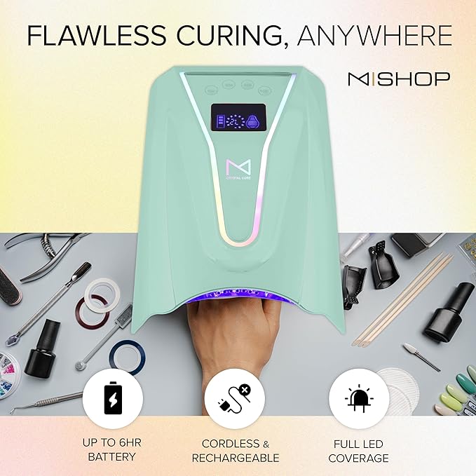 M - Crystal Cure 128W UV/LED Nail Lamp | Fast Curing with 45 Powerful 365nm+405nm LEDs | Cordless, Rechargeable, Auto Sensor | Professional Gel Nail Dryer for Manicures & Pedicures (Teal)