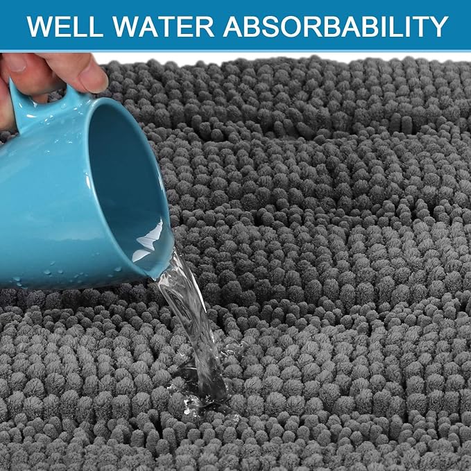 H.VERSAILTEX 2 Piece Bathroom Set - Super Absorbent Chenille Striped Bath Mats - Non Skid, Machine Washable - Grey, 47 x 17 Plus 17 x 24 - Inches