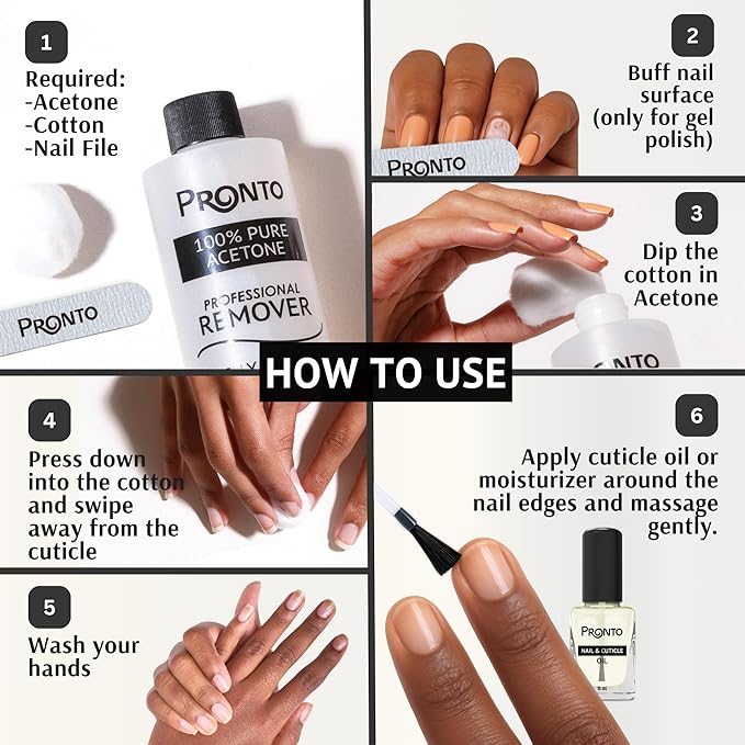 Pronto 8 Oz 100% Pure Acetone Nail Polish Remover and Cuticle Oil, Pure Acetone for All Nail Polish Types including Gel, Acrylic & Sculptured Nails, Gel Nail Polish Remover and Nail Repair, Duo Pack