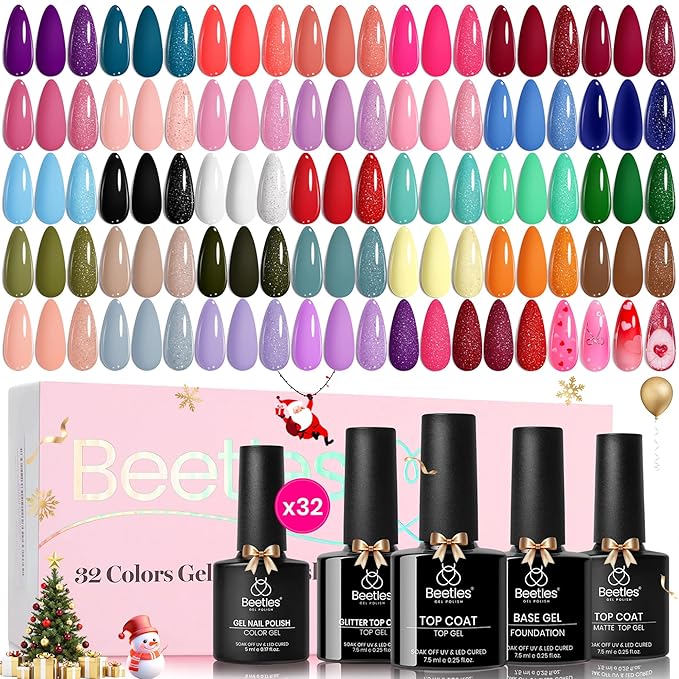 beetles Gel Polish Christmas Gel Nail Polish Set 32 Winter Colors with Base Top Coat Burgundy Red Blue Purple Brown Orange Green Pink Black White Uv LED Lamp Nails Gifts for Women Fingertip Palette