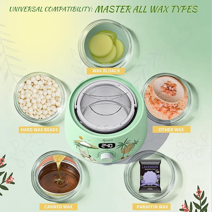 Ajoura Digital Wax Warmer Kit - 10-Min Quick Heat Hair Removal System with Precision Temp Control, Includes 30 Wax Sticks for Women Men, Home Salon Use(Light Green)