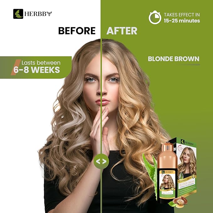 HERBBY Hair Color Shampoo for Gray Hair Coverage&Color Transform with 9 Herbal Extracts –Long Lasting(6-8 Weeks),Shiny,Evenly Colored,Instant Hair Dye Shampoo&Conditioner, 500 Ml (BLONDE BROWN COLOR)