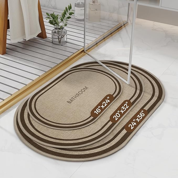 Non-Slip Bath Mat with Upgraded Rubber-Backing, Washable Thin Bath Mats for Bathroom Floor, Absorbent Woven Bathroom Rugs, Quick Dry, Fits Under Door, 16x24, Border Brown