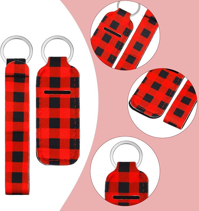 Patelai 20 Pcs Christmas Lipstick Holder Keychains Set Include 10 Buffalo Plaid Lipstick Lip Balm Holder Keychains Bulk10 Wristlet Lanyards for Purse Backpack Christmas Gift
