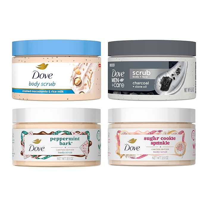 Dove Limited Edition Holiday Treats Exfoliating Mini Body Scrub 4 Pack for Deep Nourishment 3.5oz each