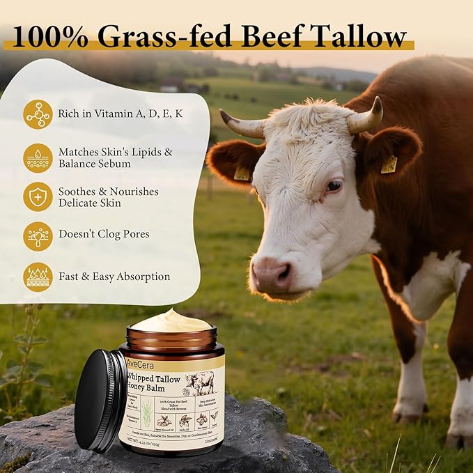 Beef Tallow for Skin - Organic Grass Fed Beef Tallow Balm for Face & Body Moisturizer - Whipped Tallow and Honey Balm Deeply Hydrates for Sensitive, Dry Skin Care - 4.23 oz, Unscented