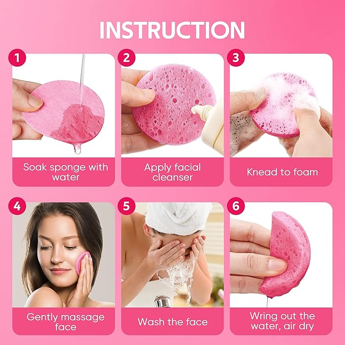 GAINWELL 50-Count Compressed Facial Sponges with Storage Container, for Facial Cleansing, Reusable Makeup Remover, Portable, Suitable for Travel, Pink