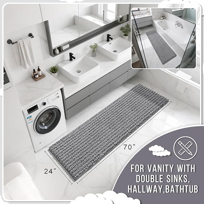 Yimobra Bathroom Runner Rug 70x24 Inch - Extra Long Non Slip Chenille Bath Mat, Soft & Absorbent, Machine Washable Shaggy Hallway Carpet for Vanity Tub Shower, Gray Home Decor Accessories