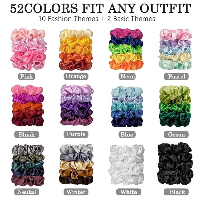 Satin Scrunchies for Women & Girls - 60 Pack Silk Scrunchies for Curly Hair