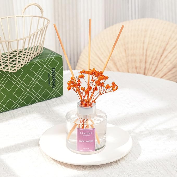 Reed Diffuser Set - 3.38 fl oz Sweet Dream Premium Scented Oil with Preserved Baby's Breath & Cotton 6 Sticks | Long-Lasting Aromatherapy for Home, Bedroom, Bathroom, Office Home Decor