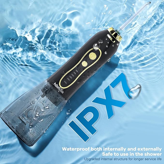 H2ofloss Water Dental Flosser Teeth Pick -Portable Oral Irrigator with 5 Modes, Rechargeable IPX7 Waterproof Orthodontic Teeth Cleaner Pick Cordless for Home Travel-300ml Water Tank Gold